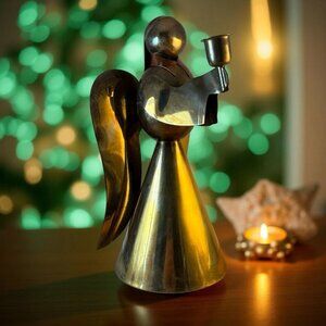 12" Vintage Brass and Copper Angel Candle Holder Figurine Handcrafted With Elega